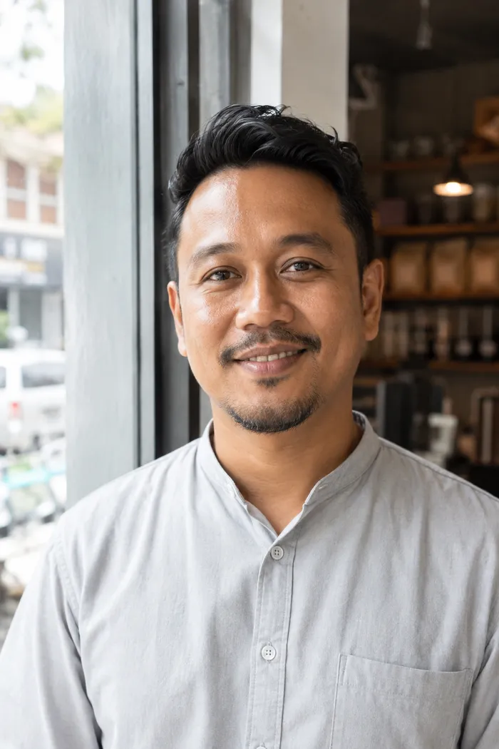 Farid Ismail, pengasas dan kepala barista Kopi Play Hub, tersenyum di pintu masuk kedai